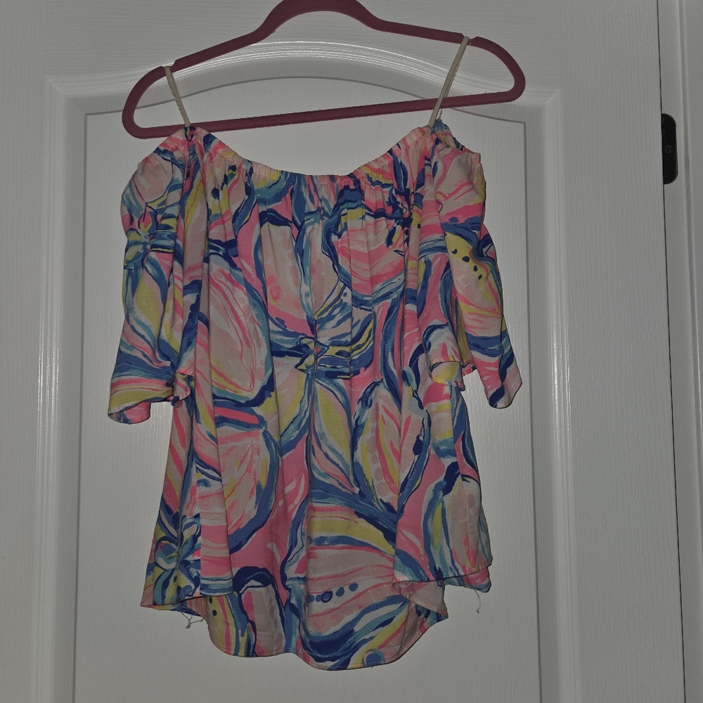 Lilly Pulitzer Pink and Blue Off-Shoulder Blouse